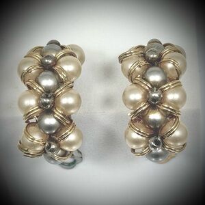 Vintage Gold and Silver Pearl Cluster Hoop Earrings